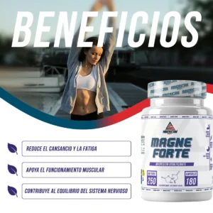Infografía de beneficios de Magne Forte: mejora el sueño, reduce el cansancio y apoya la recuperación.