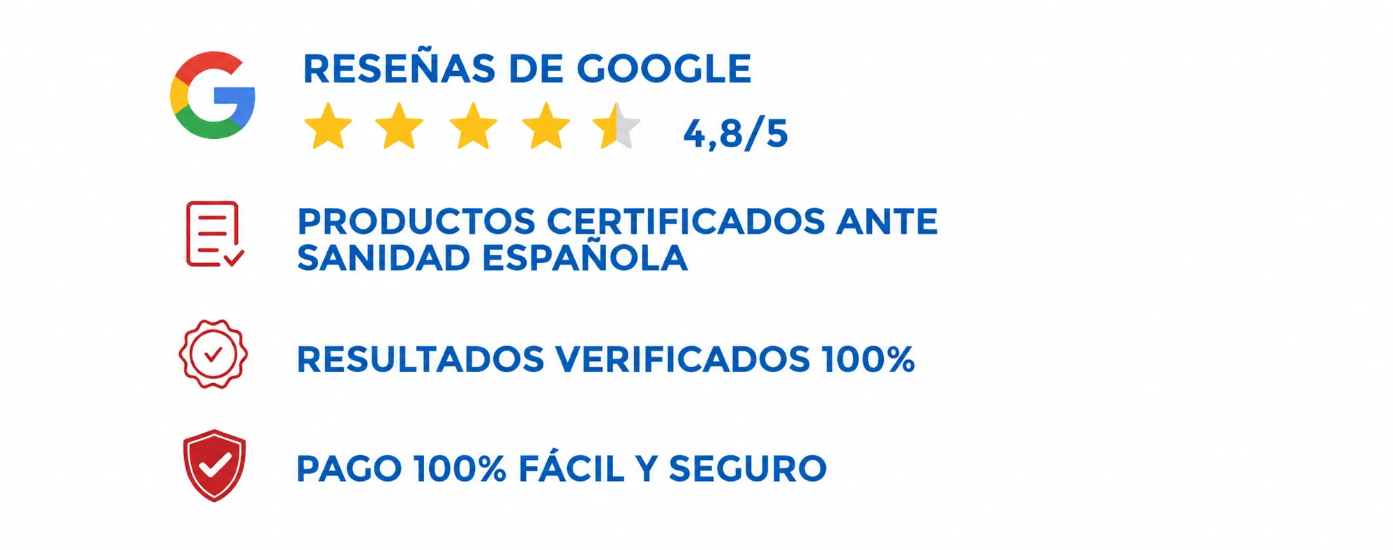 Valoración de Google 4,8 sobre 5 junto a iconos de productos certificados, resultados verificados y pago seguro.